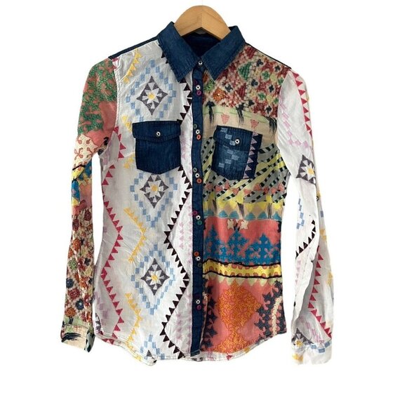 NWT DESIGUAL Colorful Button Blouse Top Patch Western Size Small Embroidery - Picture 1 of 16